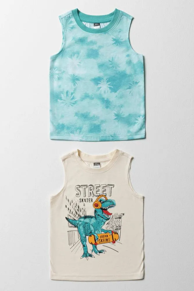 2 Pack Dinosaur Sleeveless T-Shirts Aqua & Cream