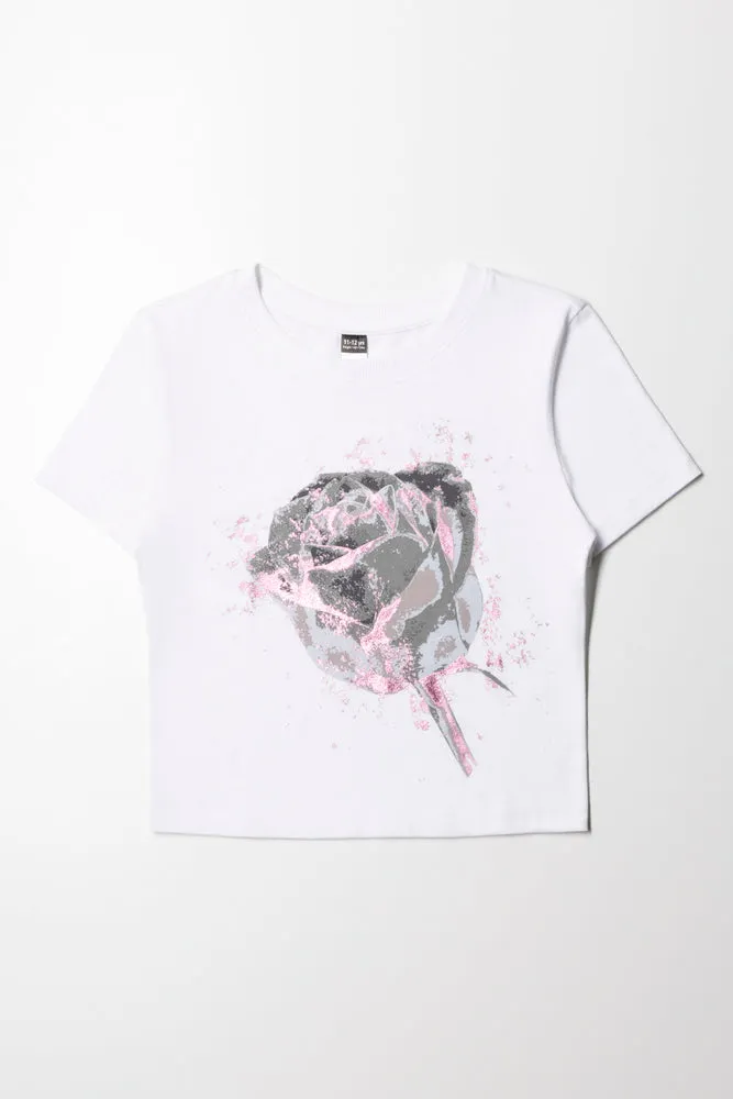 Baby Tee With Big Rose White