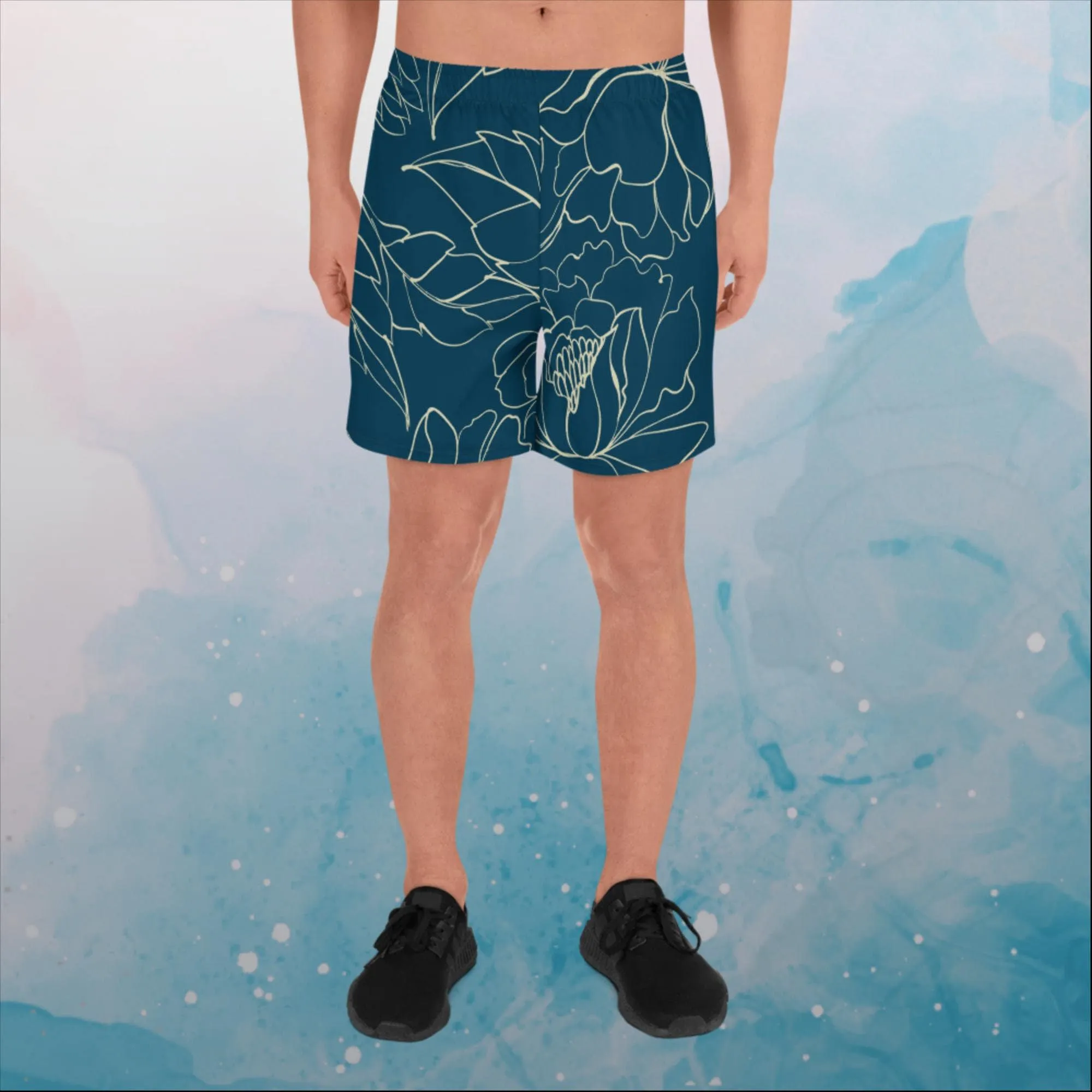 Blue and Gold Floral Stencil Lines  Recycled Athletic Shorts