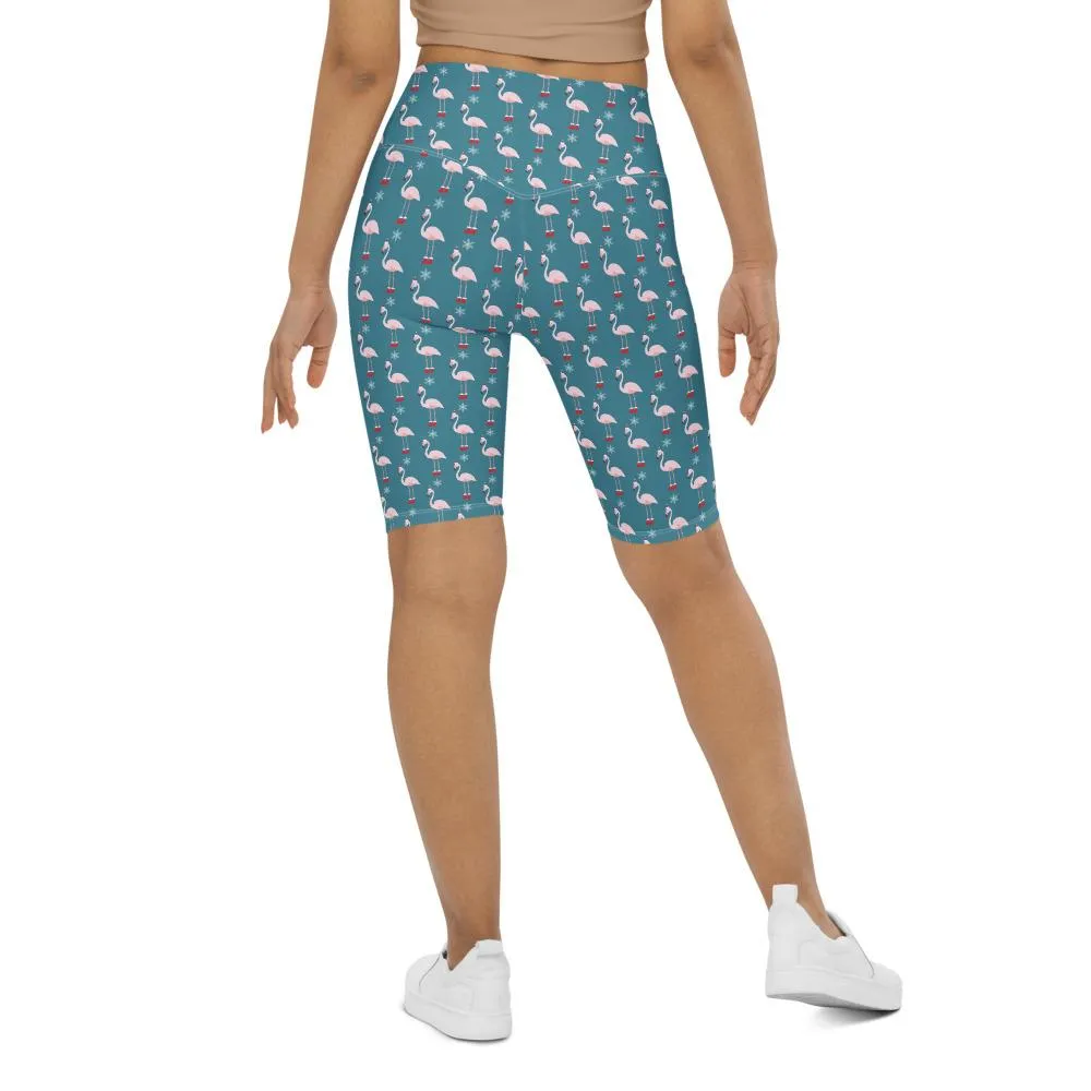 Christmas Flamingo Patterned Bike Shorts