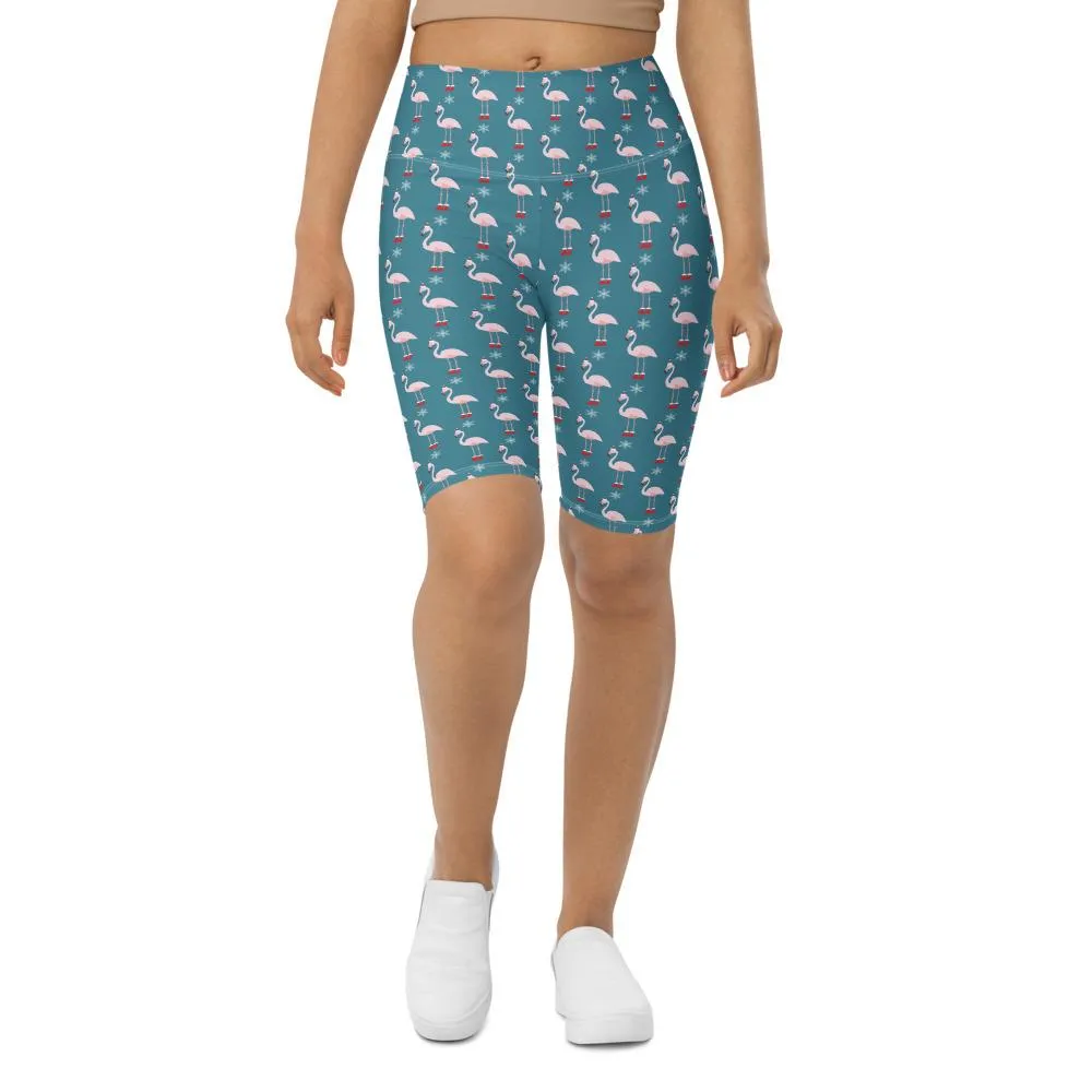 Christmas Flamingo Patterned Bike Shorts