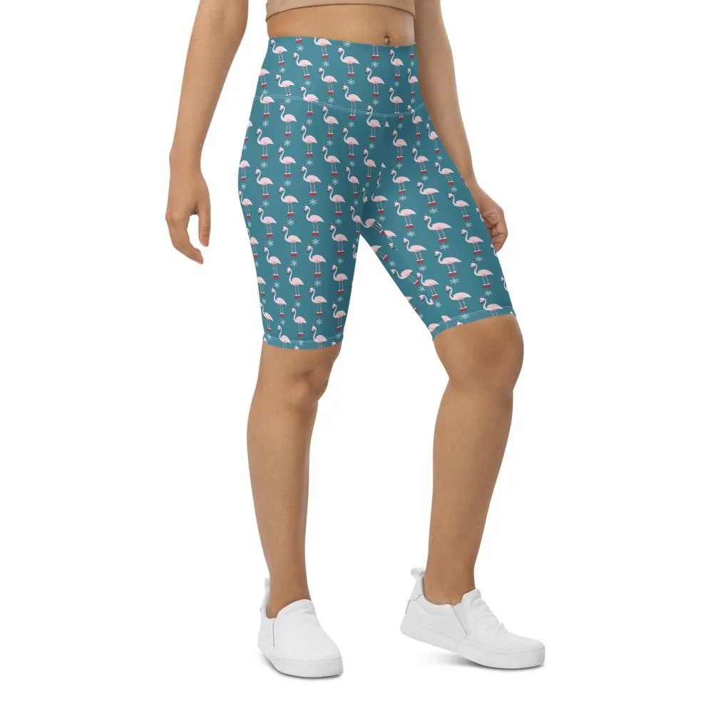 Christmas Flamingo Patterned Bike Shorts