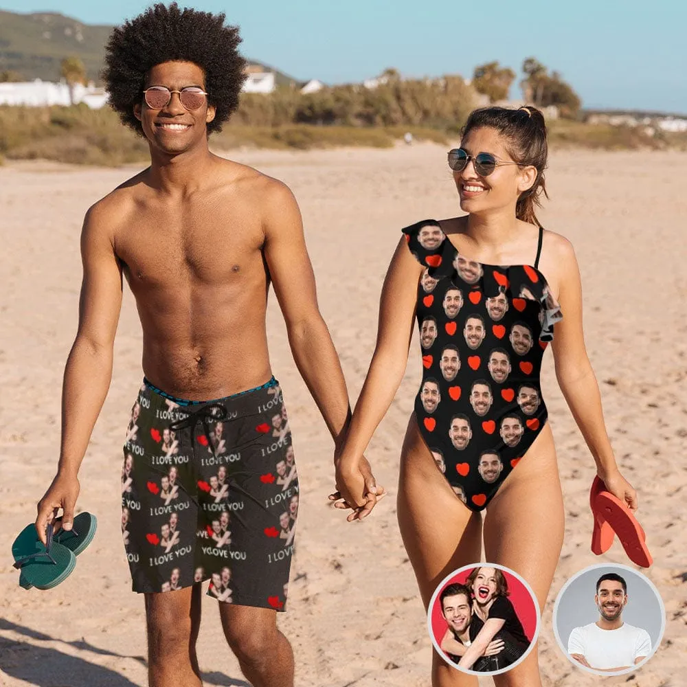 Couple Matching Beach Shorts& Ruffle One Piece Swimsuit Custom Face Baby I Love You Personalized Photo Men's Quick-drying Beach Shorts