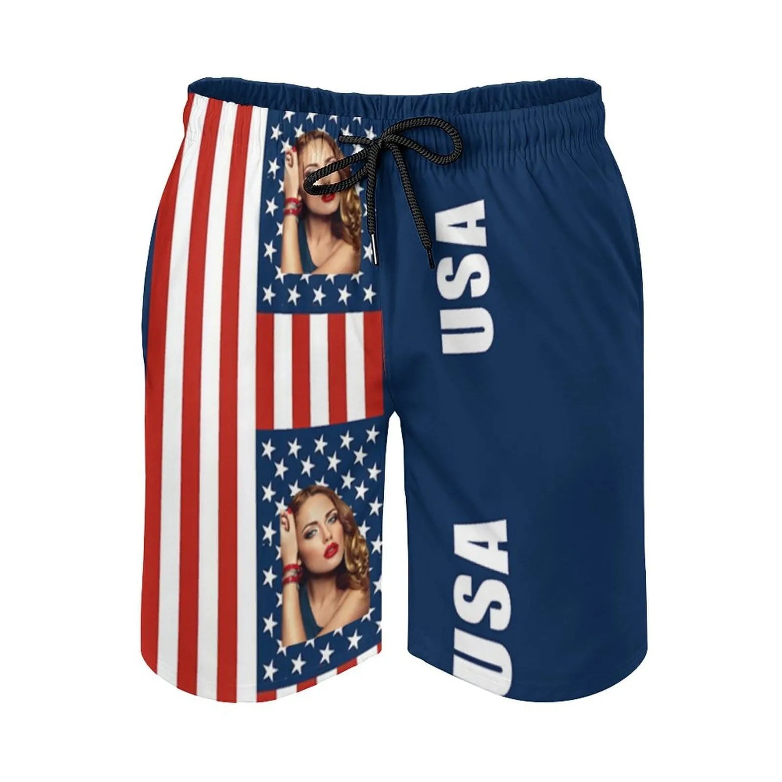 Couple Matching Beach Shorts&One Piece Bathing Suit Custom Face You USA Flag Personalized Photo Men's Quick-drying Beach Shorts