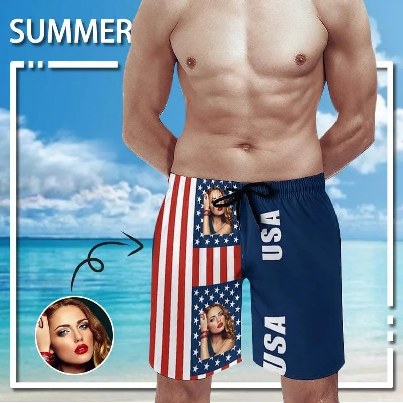 Couple Matching Beach Shorts&One Piece Bathing Suit Custom Face You USA Flag Personalized Photo Men's Quick-drying Beach Shorts