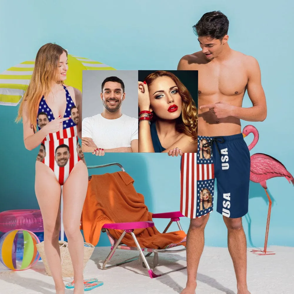 Couple Matching Beach Shorts&One Piece Bathing Suit Custom Face You USA Flag Personalized Photo Men's Quick-drying Beach Shorts