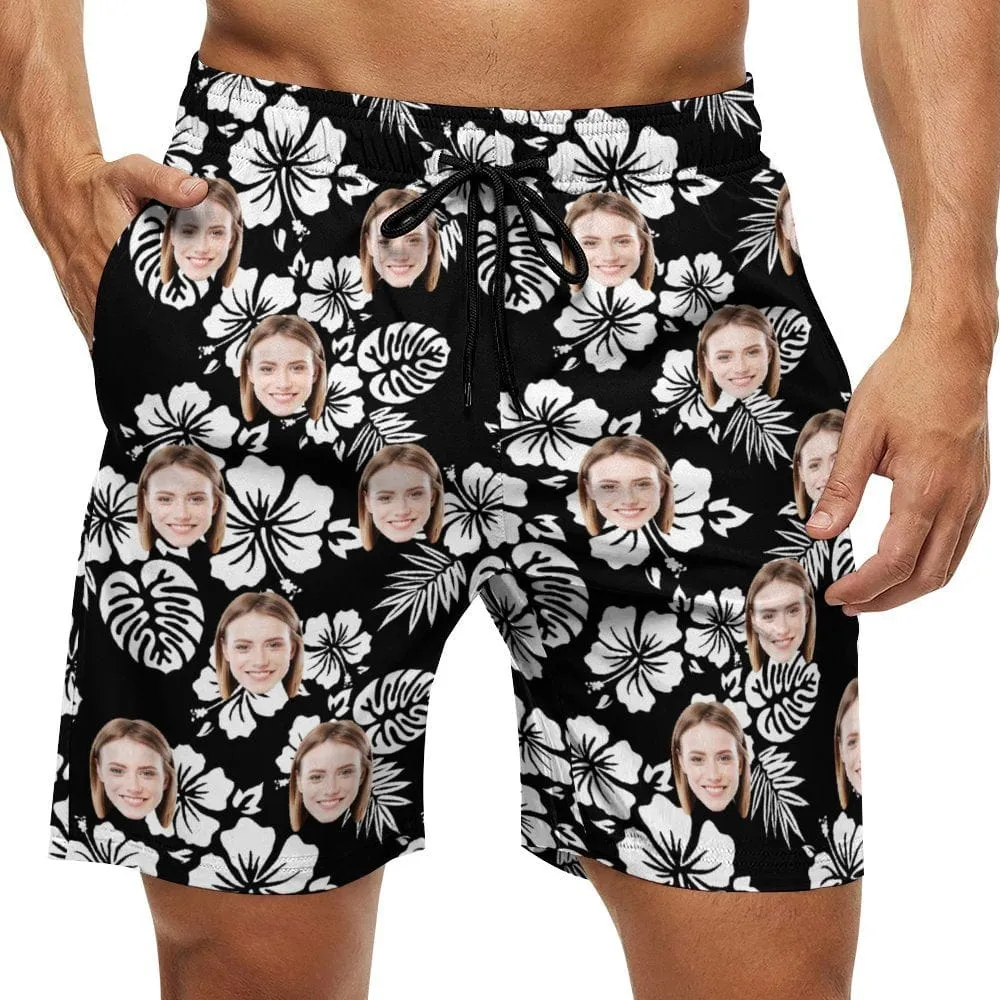 Couple Matching Beach Shorts&One Piece Swimsuit Custom Face Flowers Personalized Photo Men's Quick-drying Beach Shorts