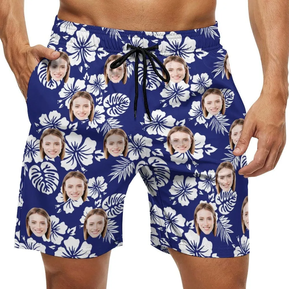 Couple Matching Beach Shorts&One Piece Swimsuit Custom Face Flowers Personalized Photo Men's Quick-drying Beach Shorts