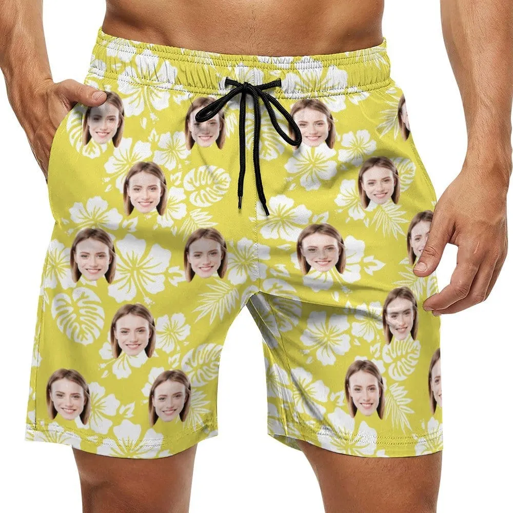 Couple Matching Beach Shorts&One Piece Swimsuit Custom Face Flowers Personalized Photo Men's Quick-drying Beach Shorts