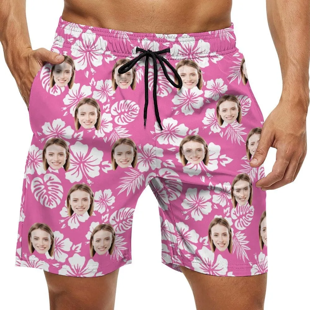 Couple Matching Beach Shorts&One Piece Swimsuit Custom Face Flowers Personalized Photo Men's Quick-drying Beach Shorts