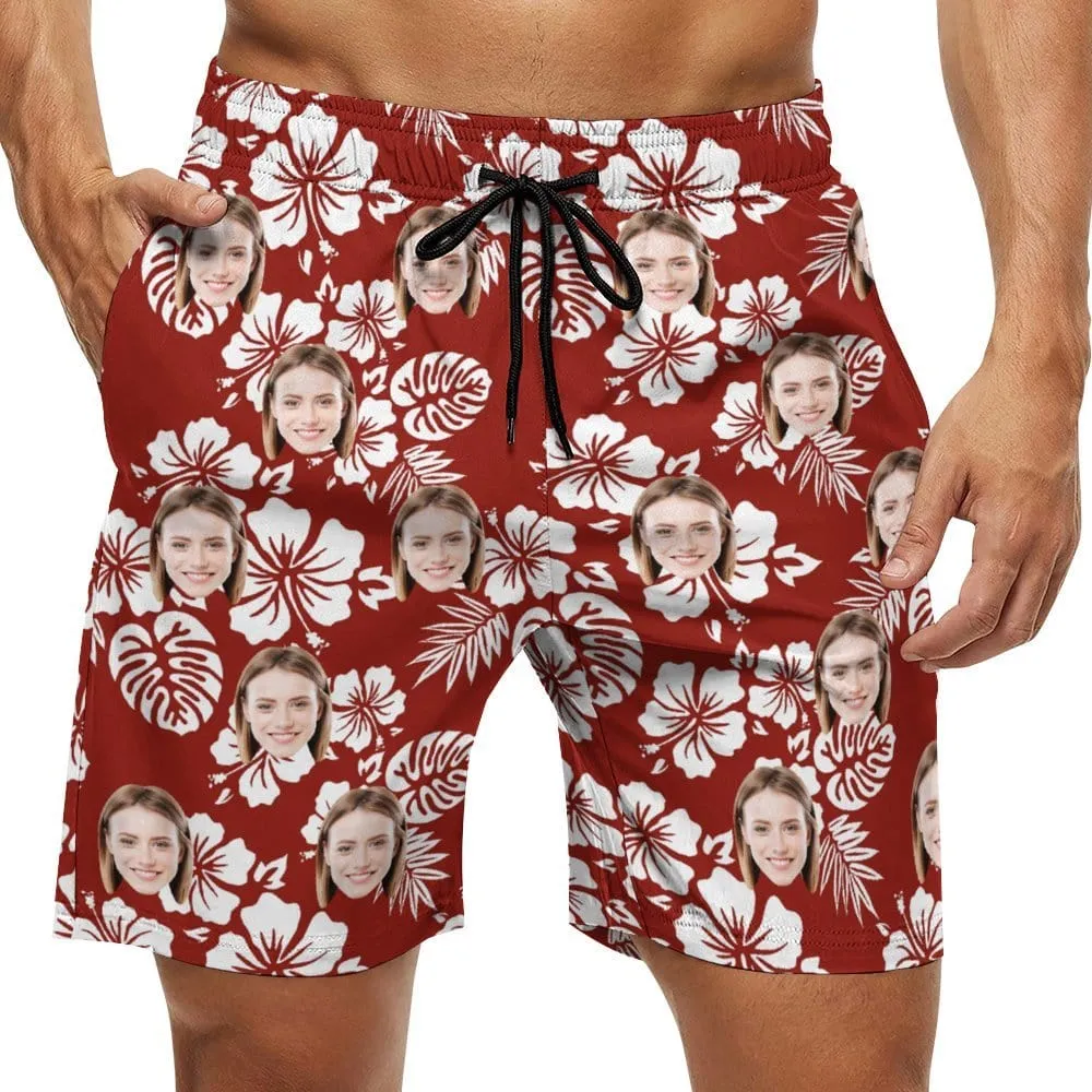 Couple Matching Beach Shorts&One Piece Swimsuit Custom Face Flowers Personalized Photo Men's Quick-drying Beach Shorts