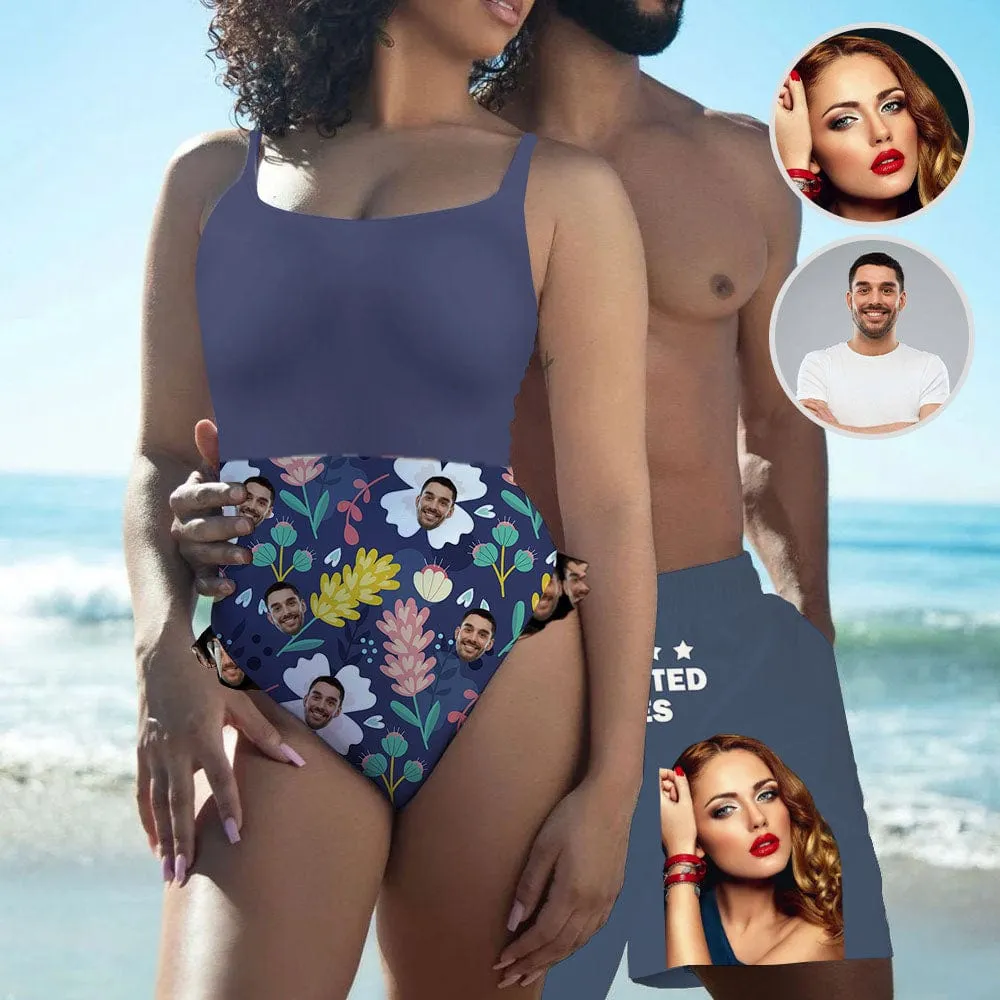 Couple Matching Beach Shorts&Ruffle One Piece Swimsuit Custom Custom Face Endless Love Personalized Photo Men's Quick-drying Beach Shorts