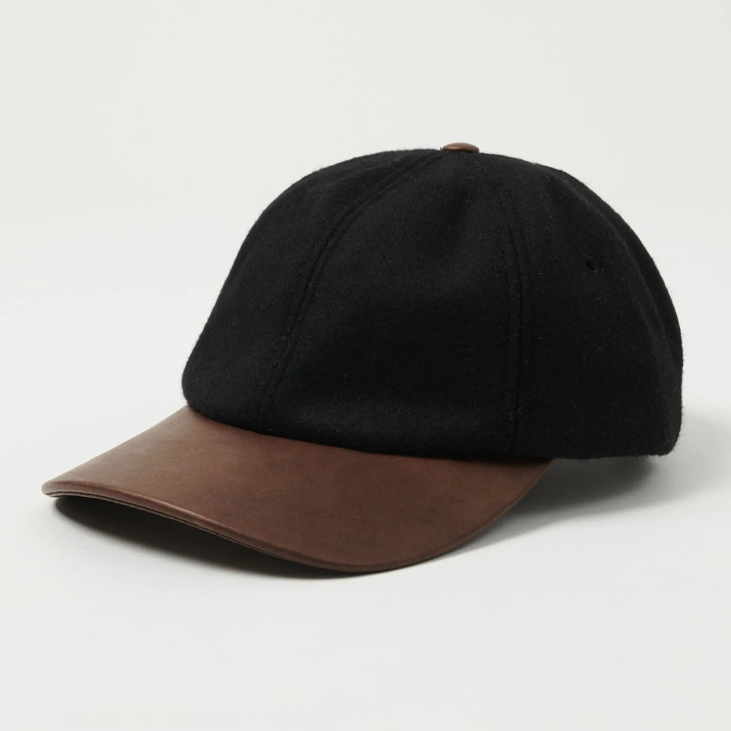 Crown Cap Melton Ball Cap - Black/Brown Leather