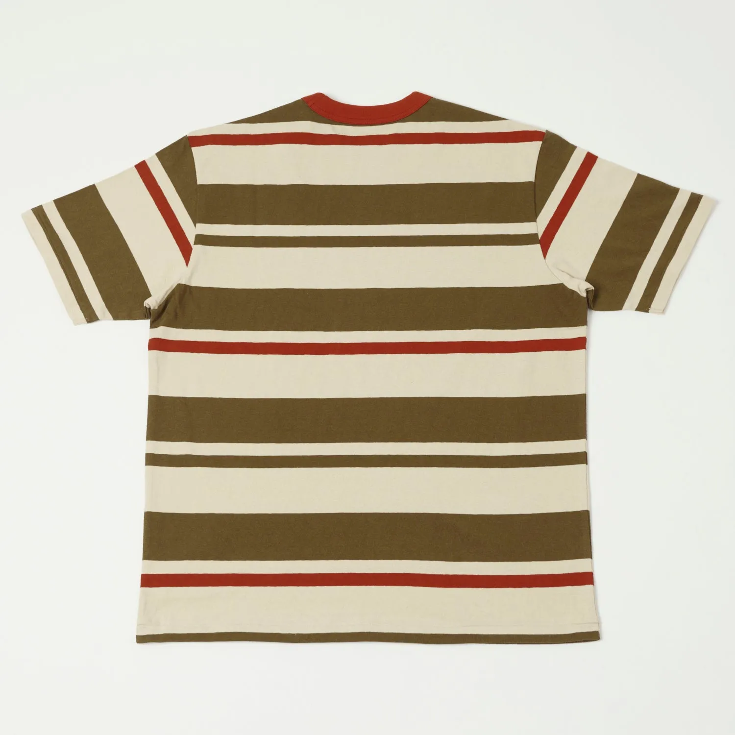 Freewheelers 'Power Wear' Random Striped Set-In Tee - Chilli Red/Grey Khaki/Straw Cream