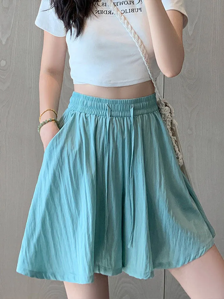 Gray Ice Silk High Waist Wide-Leg Sports Shorts