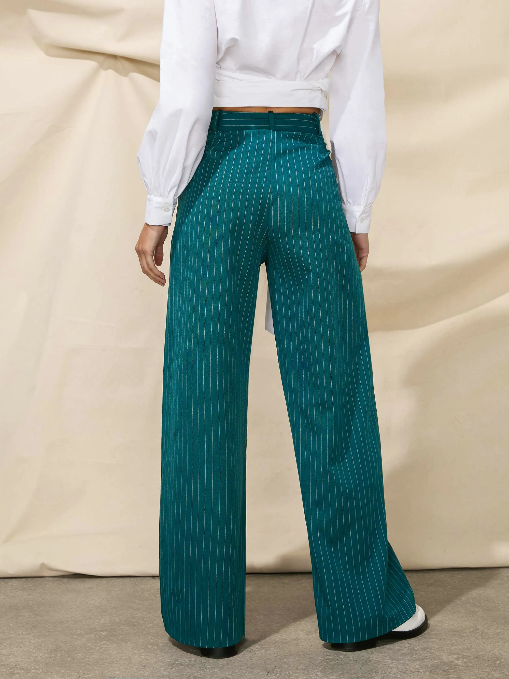 Green Wide Leg Pinstripe Trousers