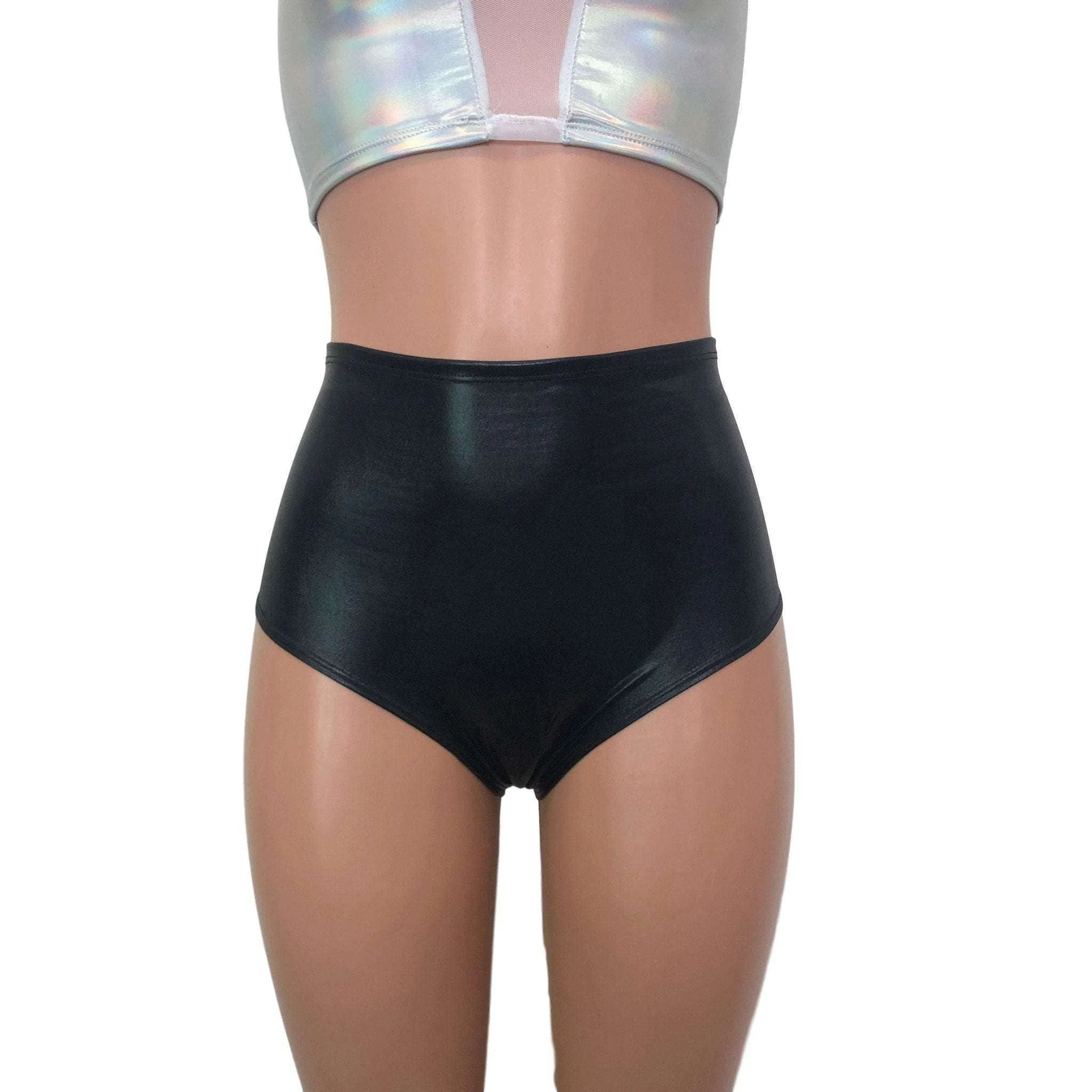 High Waist Scrunch Bikini Hot Pants - Black Metallic "Wet Look"