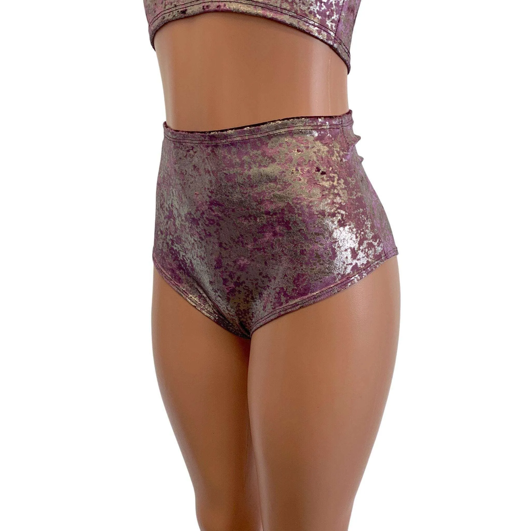 High Waist Scrunch Bikini Hot Pants - Plum/Gunmetal Gilded Velvet