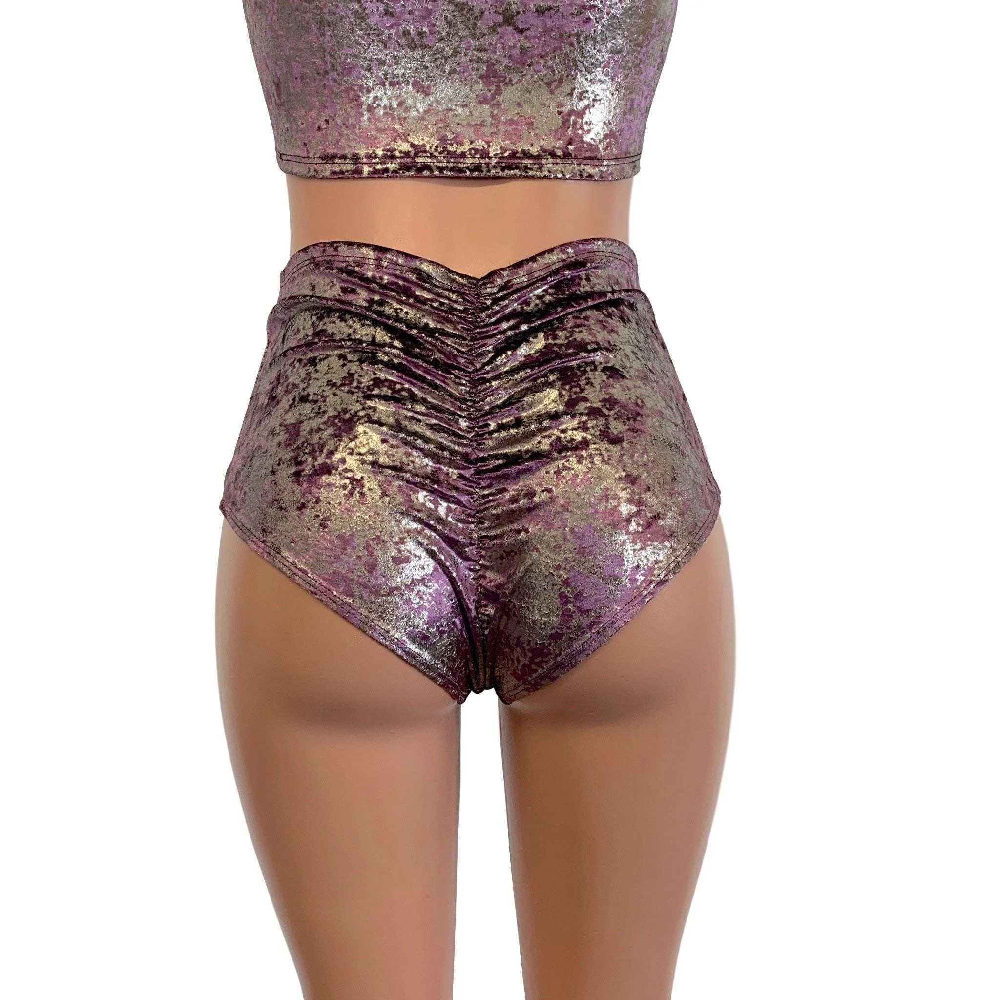 High Waist Scrunch Bikini Hot Pants - Plum/Gunmetal Gilded Velvet