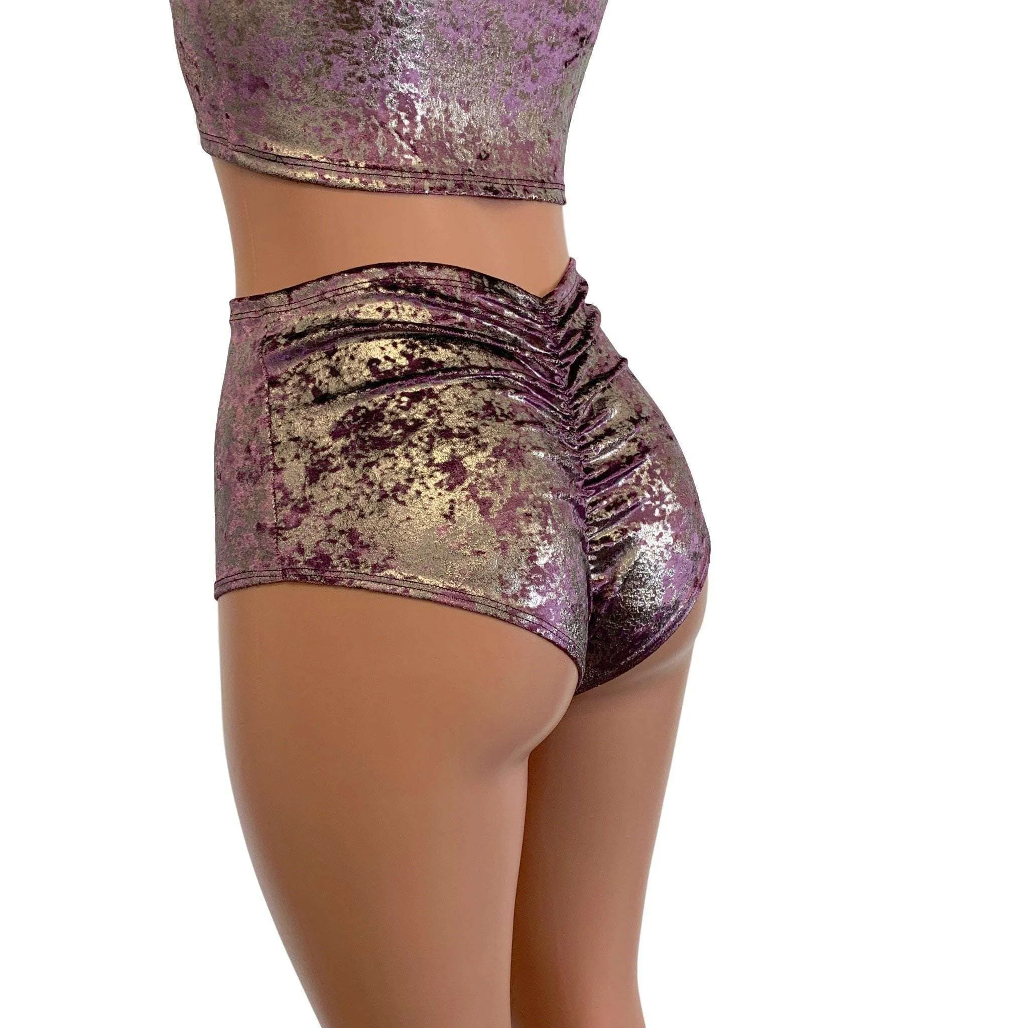 High Waist Scrunch Bikini Hot Pants - Plum/Gunmetal Gilded Velvet