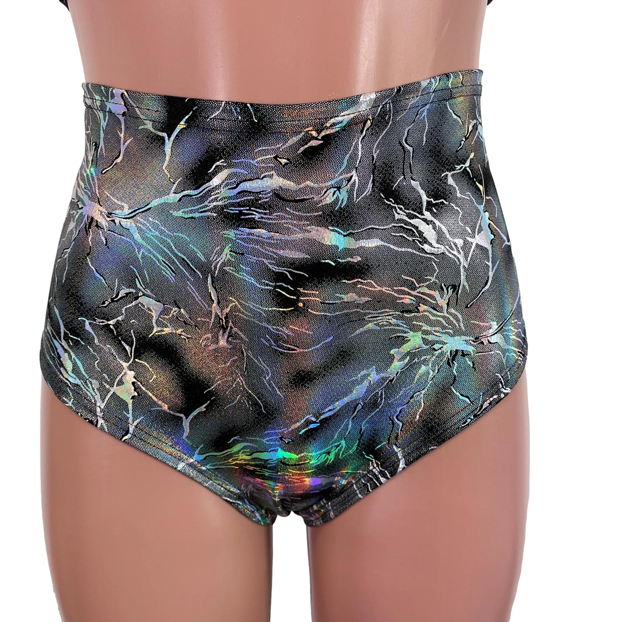 High Waist Scrunch Bikini Hot Pants - Silver on Black Holo Cracked Ice