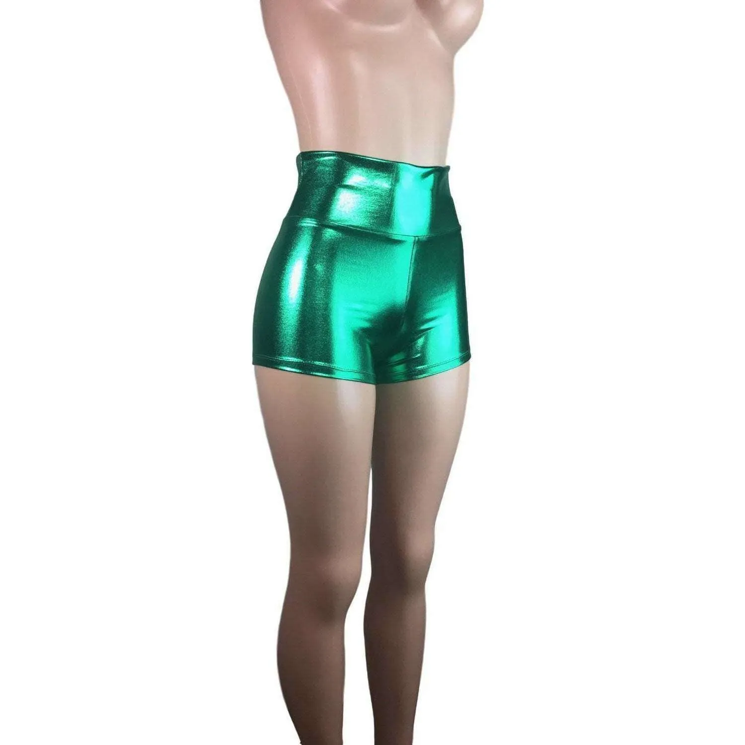 High Waisted Booty Shorts - Green Metallic