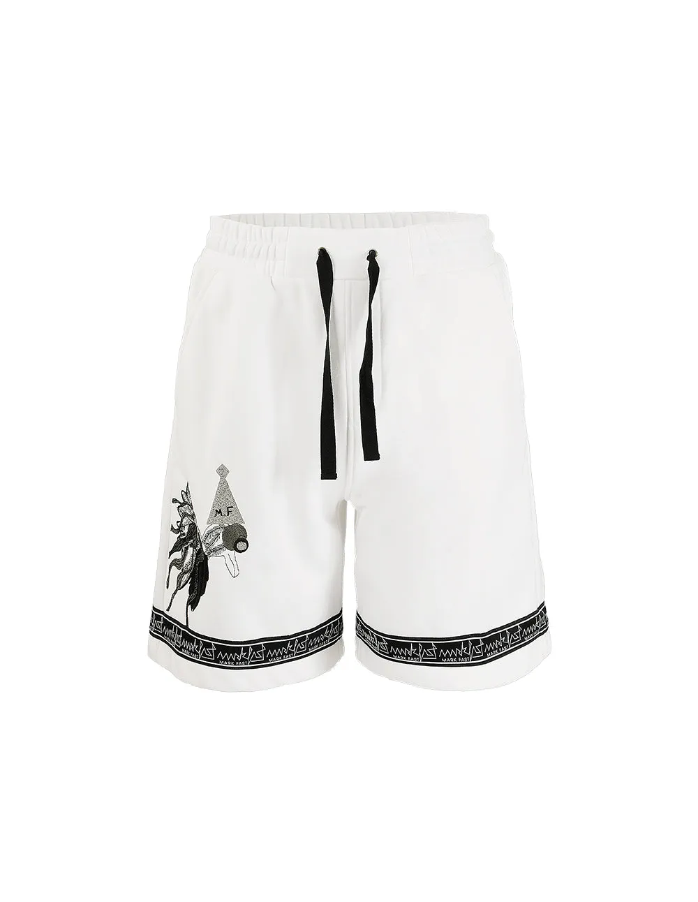 MARK FAST MEN OVERSIZE WHITE CASUAL SPORTS SHORTS WITH MF PEACOCK’S MAGICAL WORLD EMBROIDERY