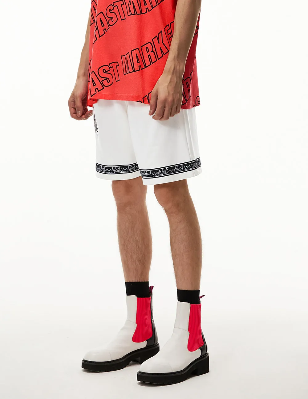 MARK FAST MEN OVERSIZE WHITE CASUAL SPORTS SHORTS WITH MF PEACOCK’S MAGICAL WORLD EMBROIDERY