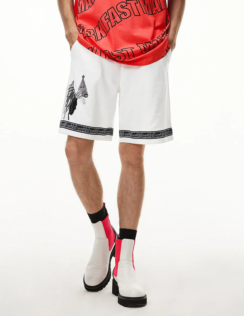 MARK FAST MEN OVERSIZE WHITE CASUAL SPORTS SHORTS WITH MF PEACOCK’S MAGICAL WORLD EMBROIDERY