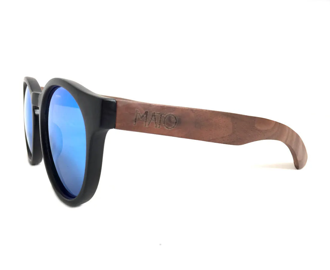 Mato Wooden Sunglasses Bamboo Handle Erika Round Polarized Blue Mirror