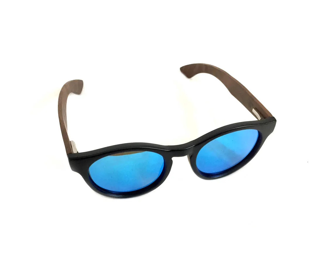 Mato Wooden Sunglasses Bamboo Handle Erika Round Polarized Blue Mirror