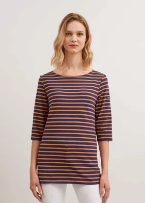 PHARE - Boat Neck Striped Tunic with Slits | Stretch fabric with UV Protection (INDIGO / NEON ORANGE)