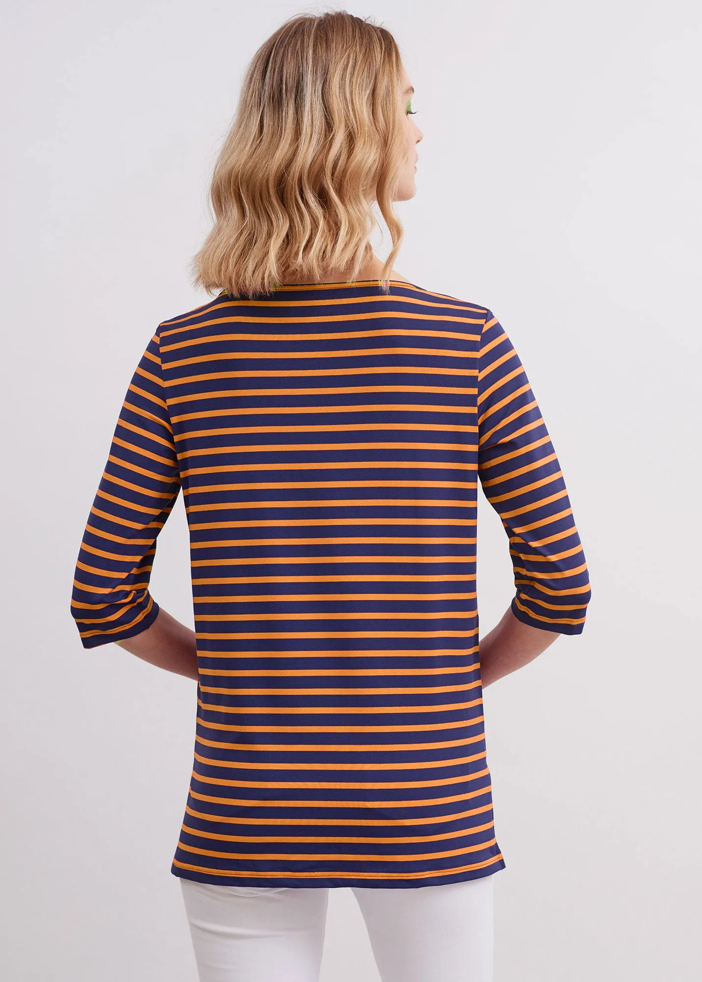 PHARE - Boat Neck Striped Tunic with Slits | Stretch fabric with UV Protection (INDIGO / NEON ORANGE)