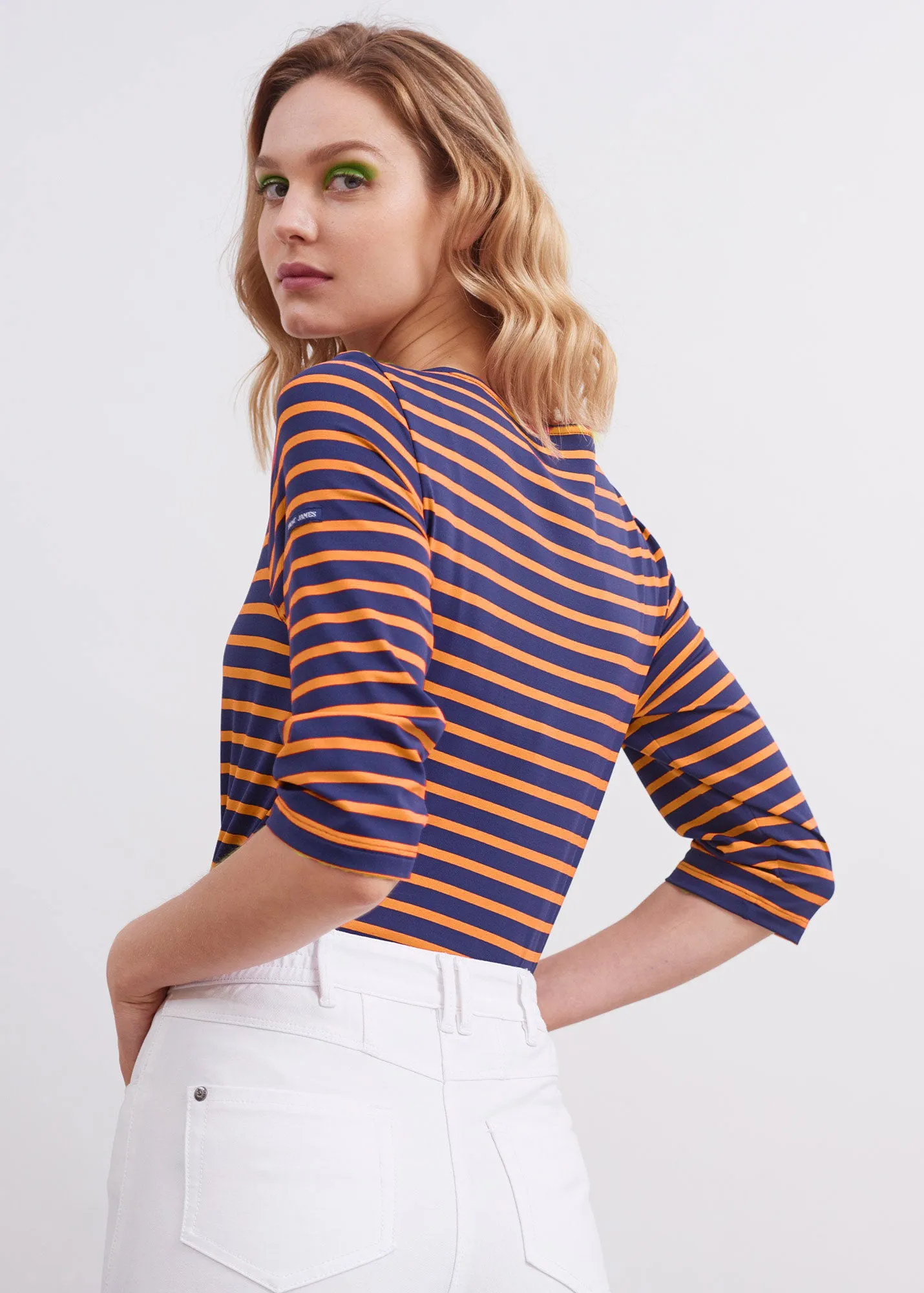 PHARE - Boat Neck Striped Tunic with Slits | Stretch fabric with UV Protection (INDIGO / NEON ORANGE)