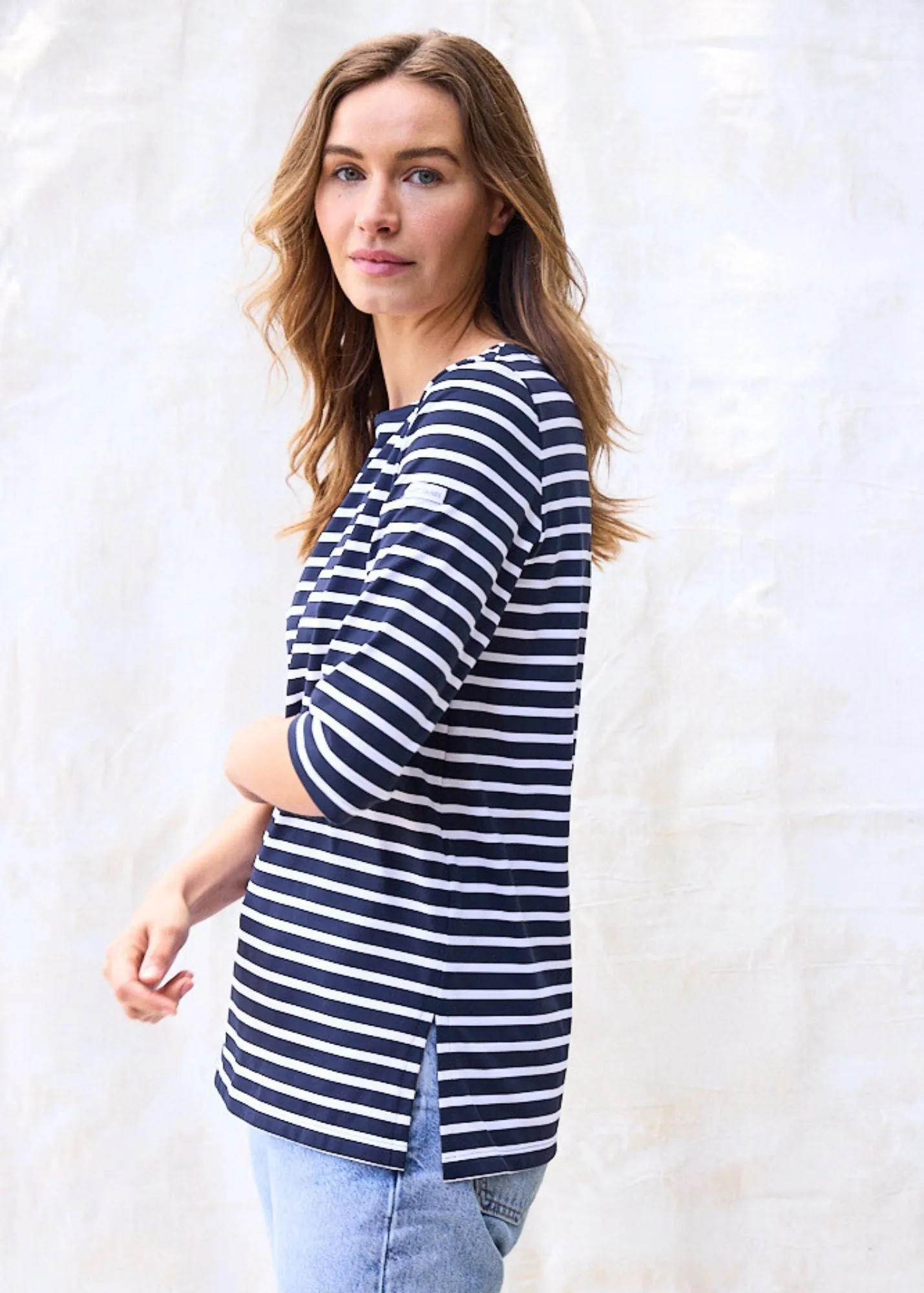 PHARE - Boat Neck Striped Tunic with Slits | Stretch fabric with UV Protection (NAVY / WHITE)