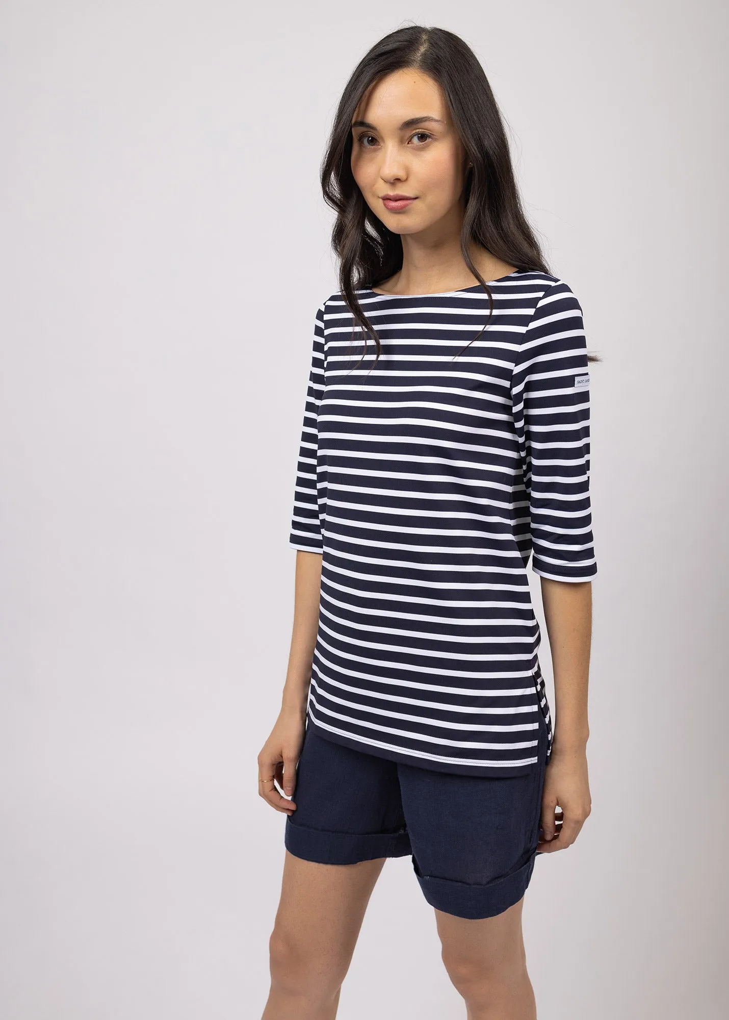 PHARE - Boat Neck Striped Tunic with Slits | Stretch fabric with UV Protection (NAVY / WHITE)