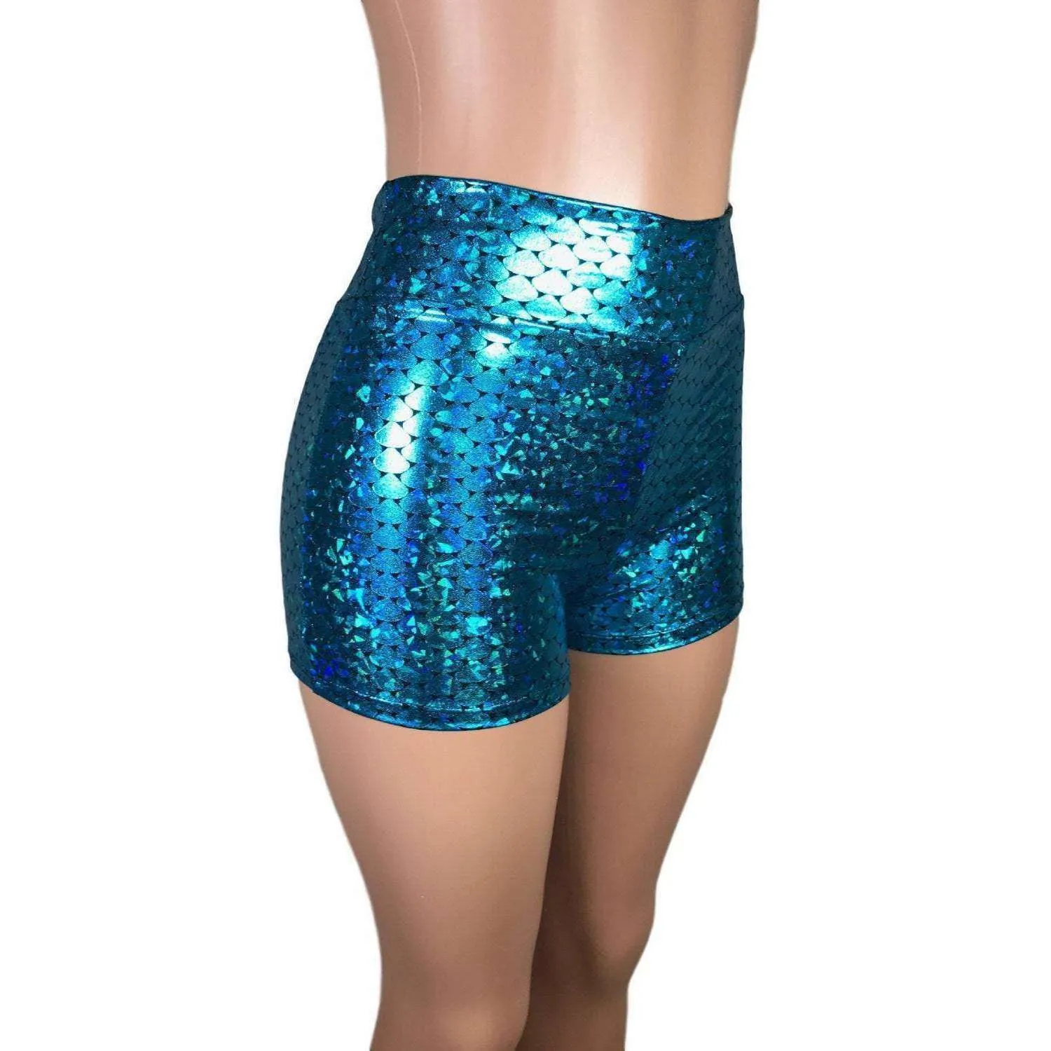 SALE - High Waisted Booty Shorts - Turquoise Mermaid Scales - Limited Sizes