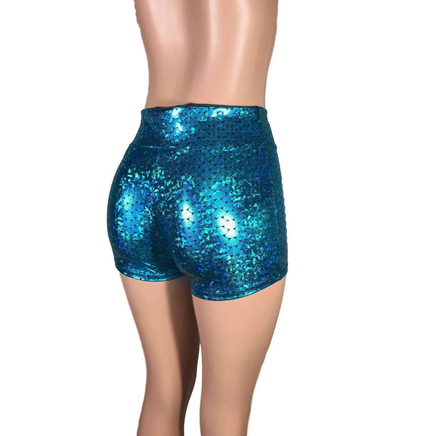 SALE - High Waisted Booty Shorts - Turquoise Mermaid Scales - Limited Sizes