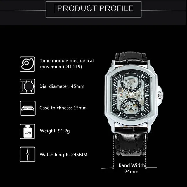 Sports Watch Men Skeleton Auto Mechanical Leather Strap WINNER Wristwatches