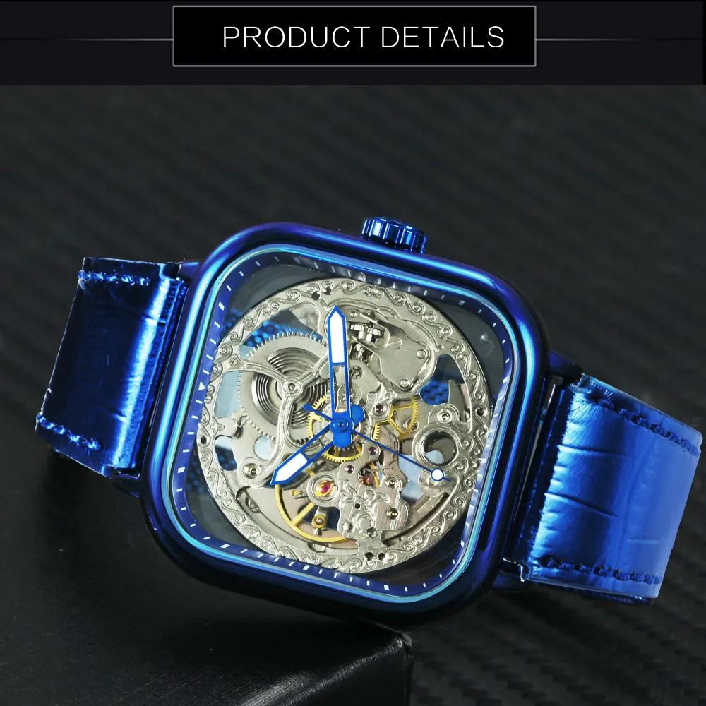 Transparent Gear Golden Flower Movement Genuine Leather Automatic Watch Men Skeleton Mens Watches F075P