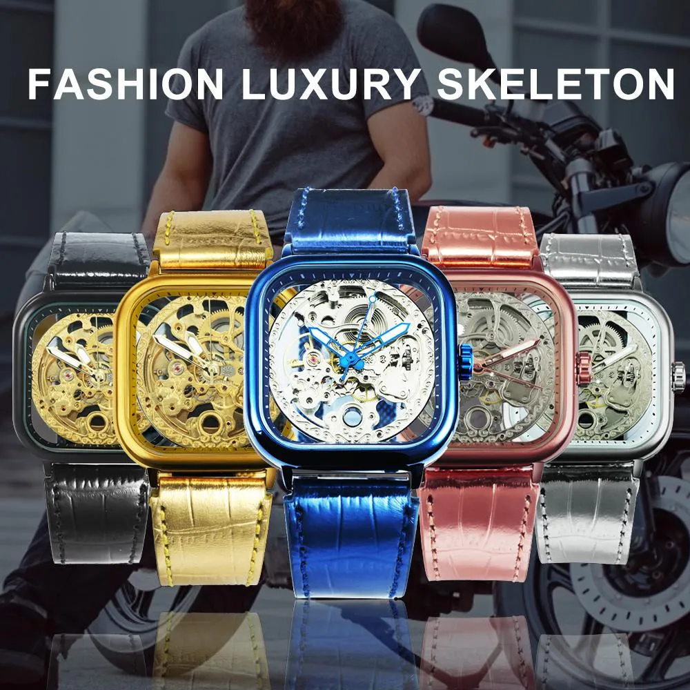 Transparent Gear Golden Flower Movement Genuine Leather Automatic Watch Men Skeleton Mens Watches F075P