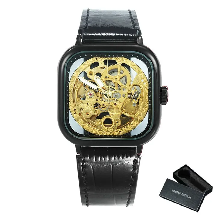 Transparent Gear Golden Flower Movement Genuine Leather Automatic Watch Men Skeleton Mens Watches F075P