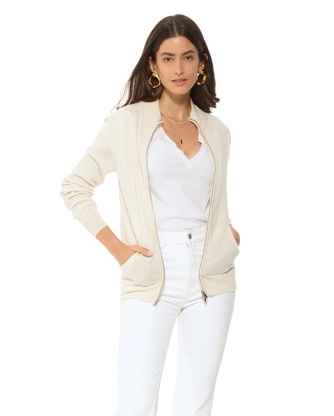 Women's Cashmere Zip Cardigan Milk White